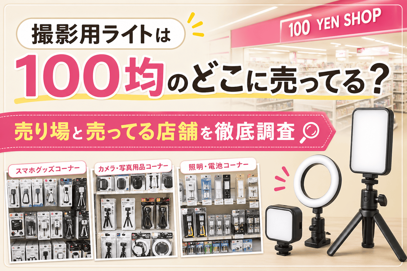 撮影用ライトは100均のどこに売ってる？売り場と売ってる店舗を徹底調査したアイキャッチ画像