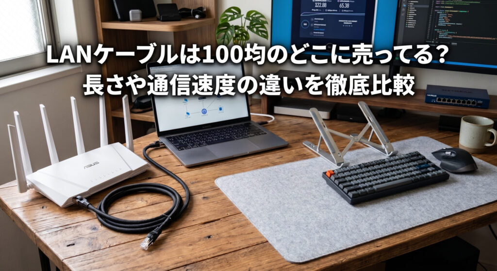 ダイソーやセリアなどの100均で購入できるLANケーブルとデスク周りの画像