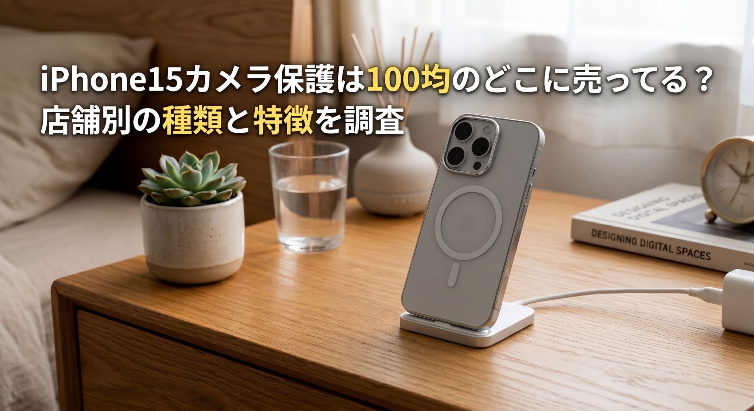 iPhone15にダイソーでかったカメラ保護を装着した画像