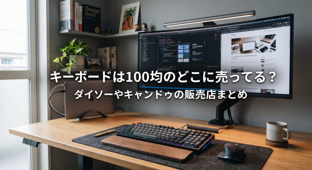 100均で購入できるキーボードを自宅のデスクにおいている画像
