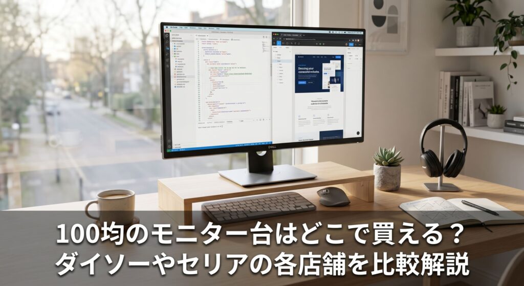 パソコンモニターを100均などで購入できるモニター台の上に置いて整頓している画像