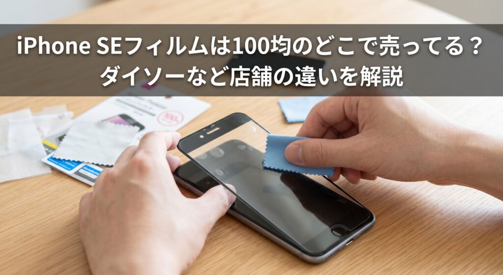 iPhone SEのフィルムを100均で購入し装着している画像