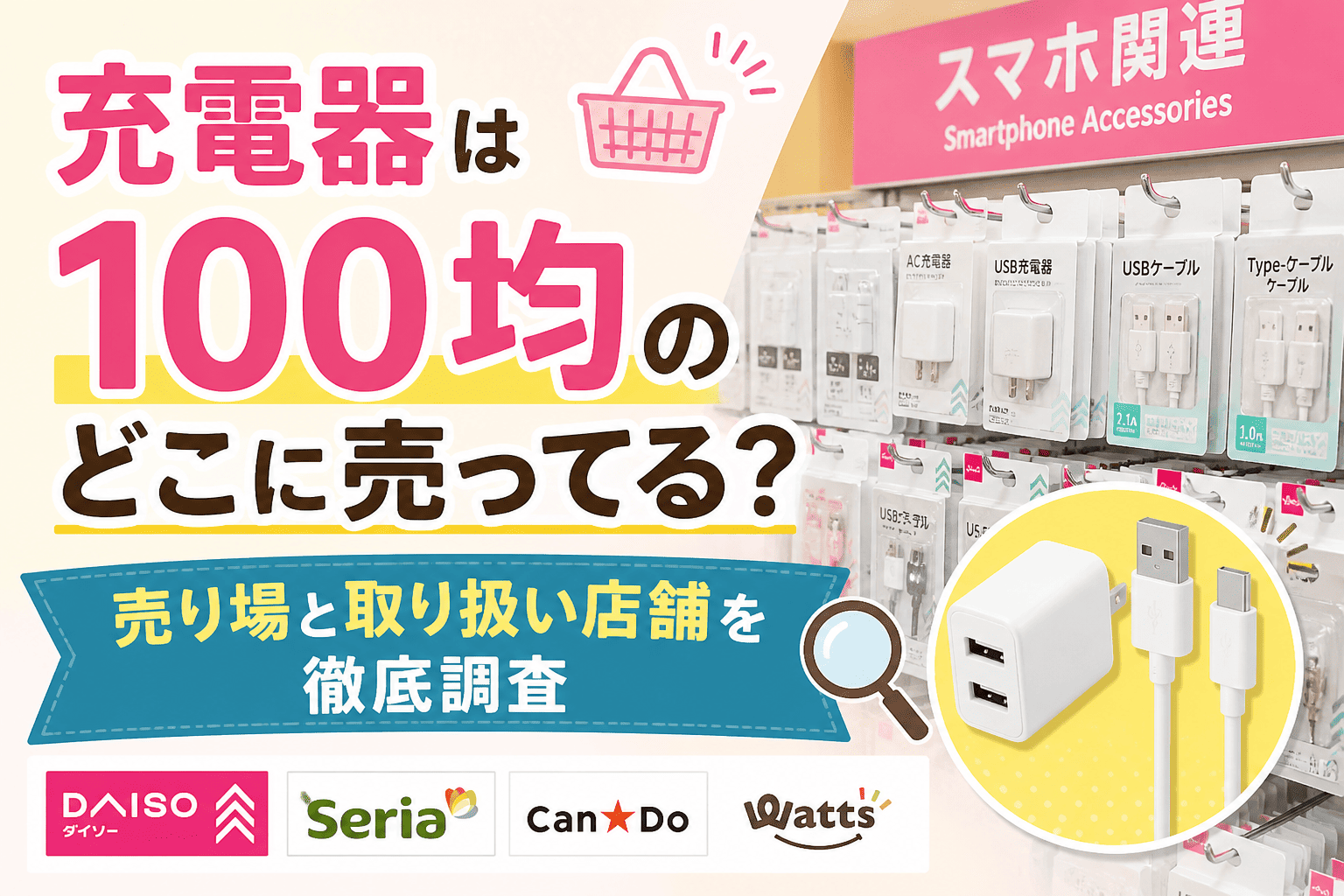 100均の充電器売り場をイメージしたアイキャッチ画像。ダイソー・セリア・キャンドゥなどの店舗で販売されているUSB充電器やケーブルを紹介